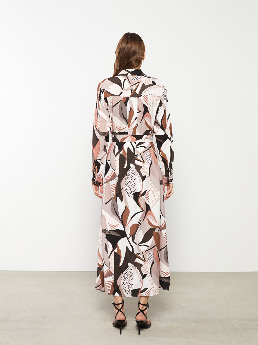 Patterned Long Sleeve Viscose Women Shirt Dress -S2DB55Z8-LQY