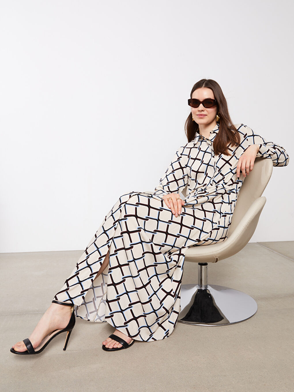 Patterned Long Sleeve Viscose Women Shirt Dress