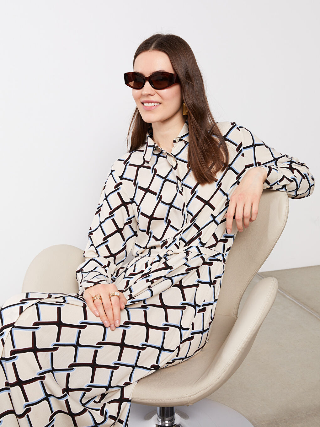 Patterned Long Sleeve Viscose Women Shirt Dress-1