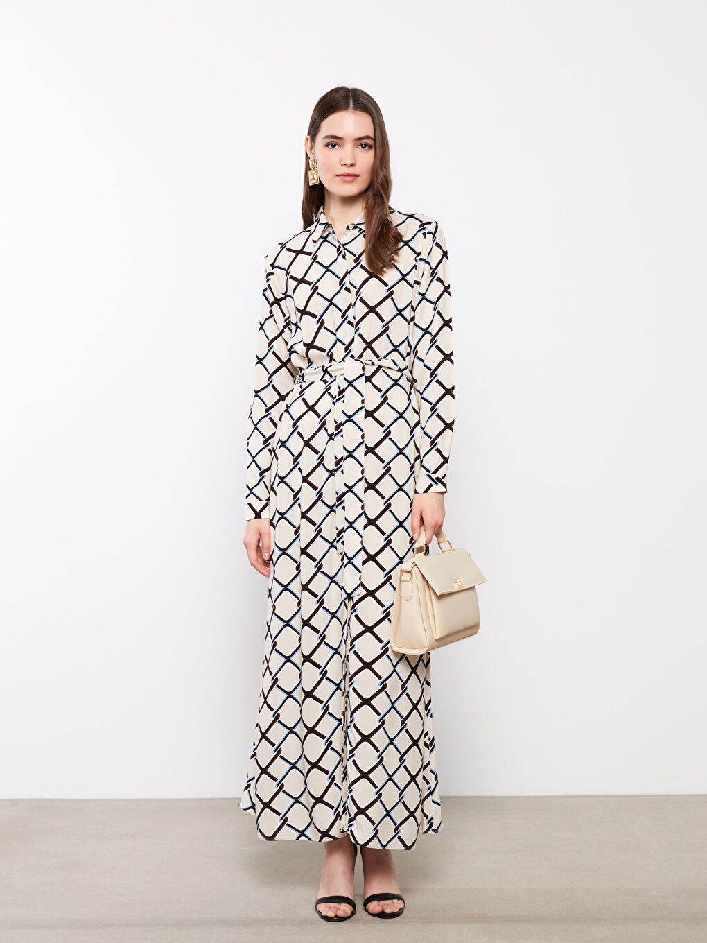 Patterned Long Sleeve Viscose Women Shirt Dress-2