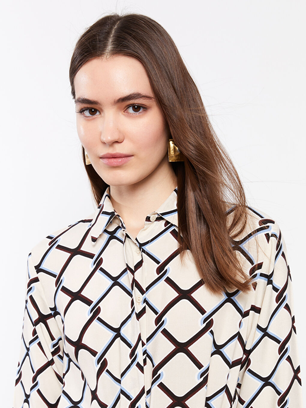 Patterned Long Sleeve Viscose Women Shirt Dress-3