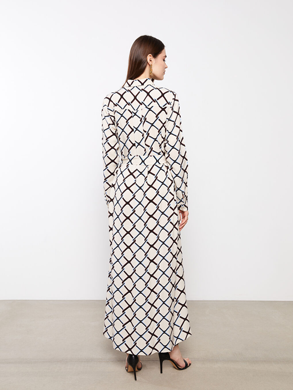 Patterned Long Sleeve Viscose Women Shirt Dress-5