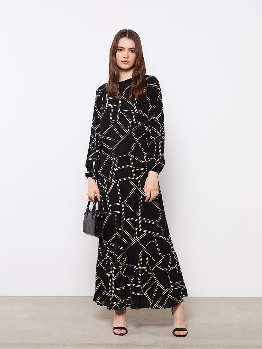 Crew Neck Patterned Long Sleeve Viscose Women's Dress