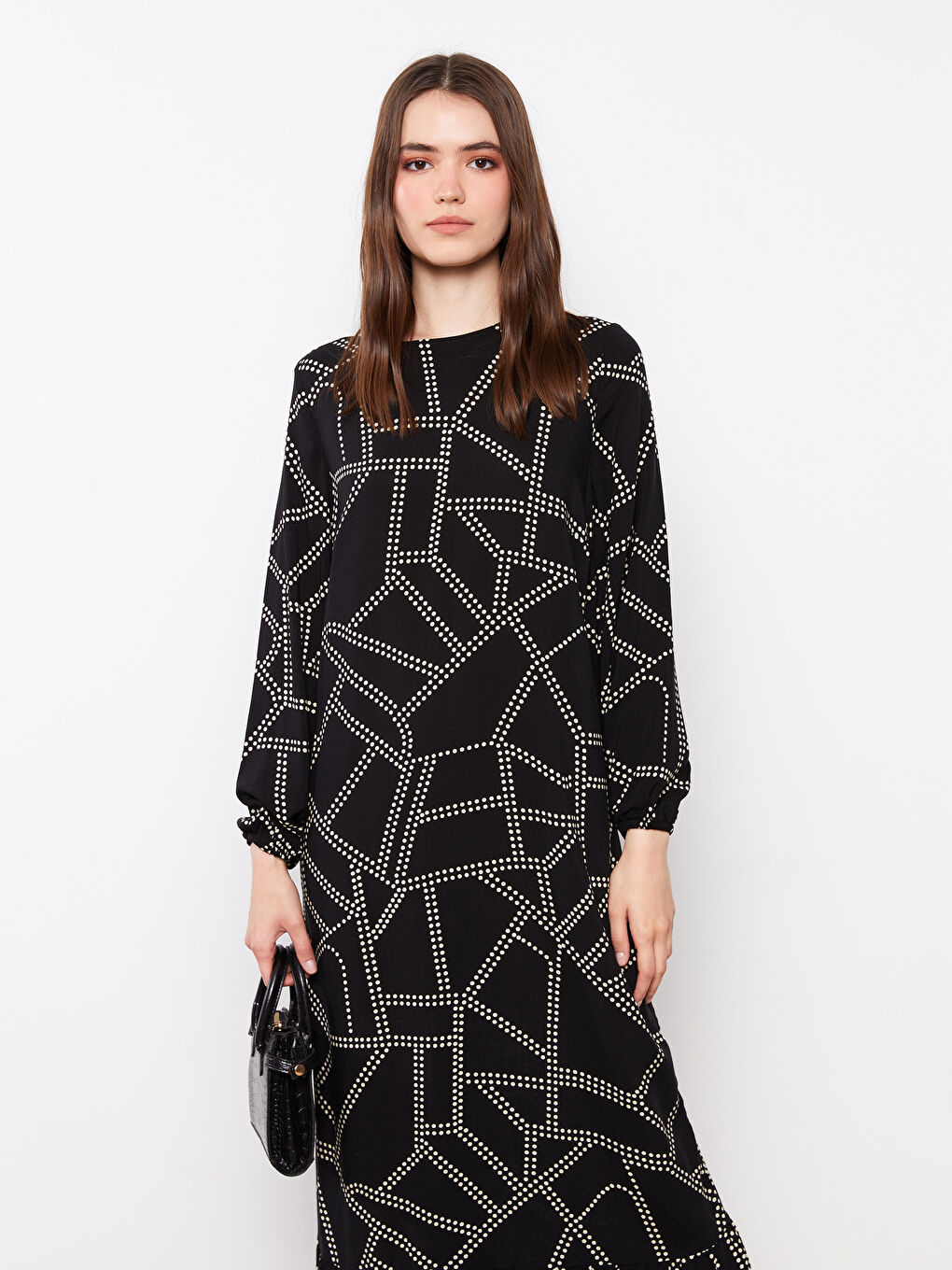 Crew Neck Patterned Long Sleeve Viscose Women's Dress-1