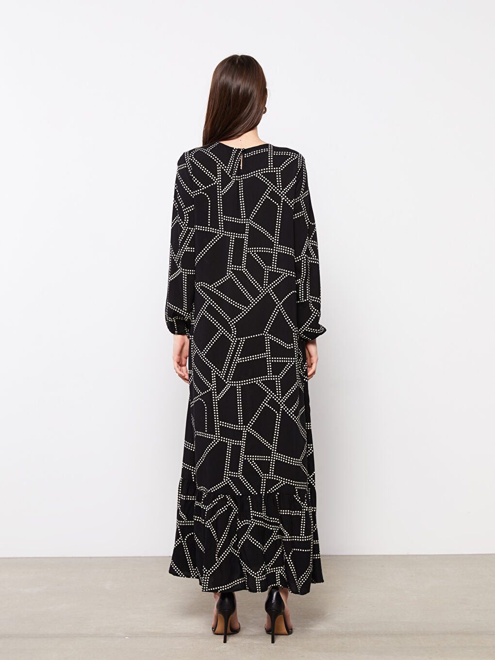 Crew Neck Patterned Long Sleeve Viscose Women's Dress-3