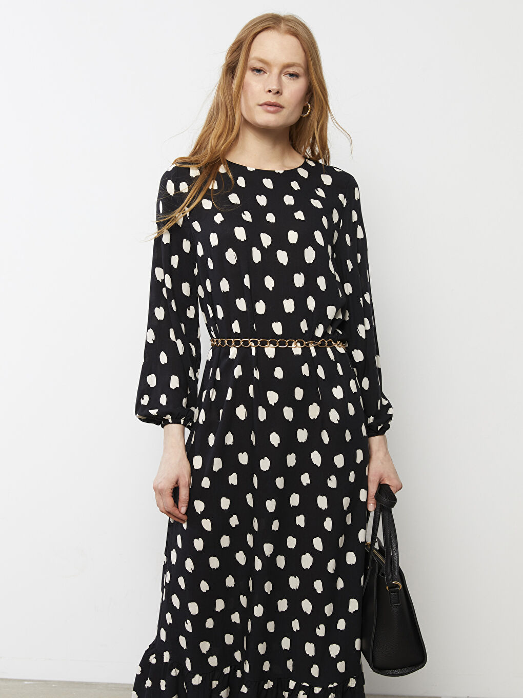 Crew Neck Patterned Long Sleeve Viscose Women's Dress-1