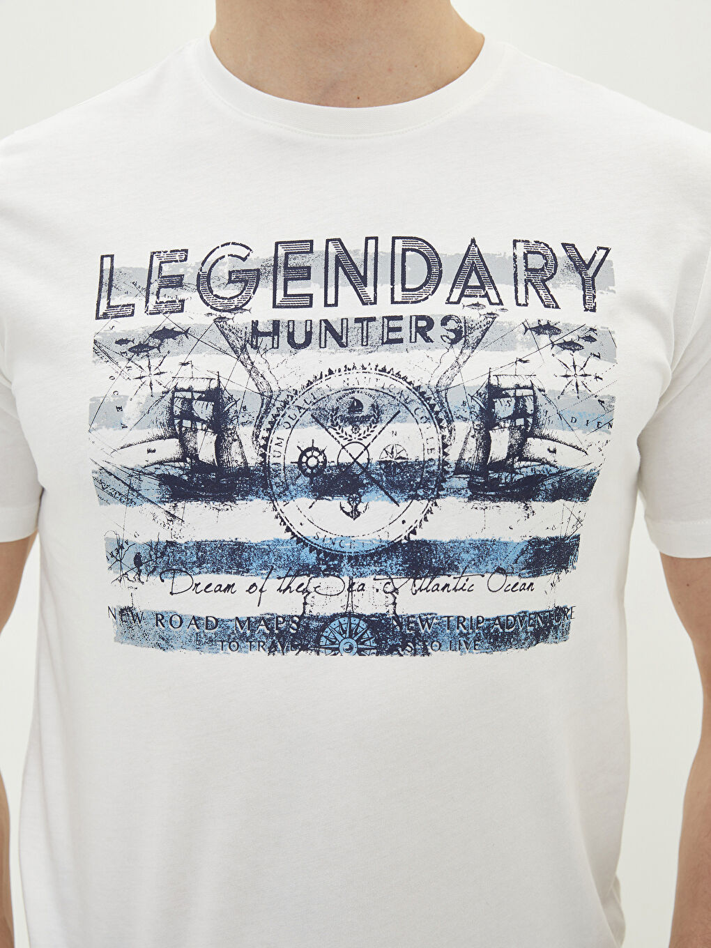 Ekru Bisiklet Yaka Kısa Kollu Baskılı Penye Erkek Tişört-2