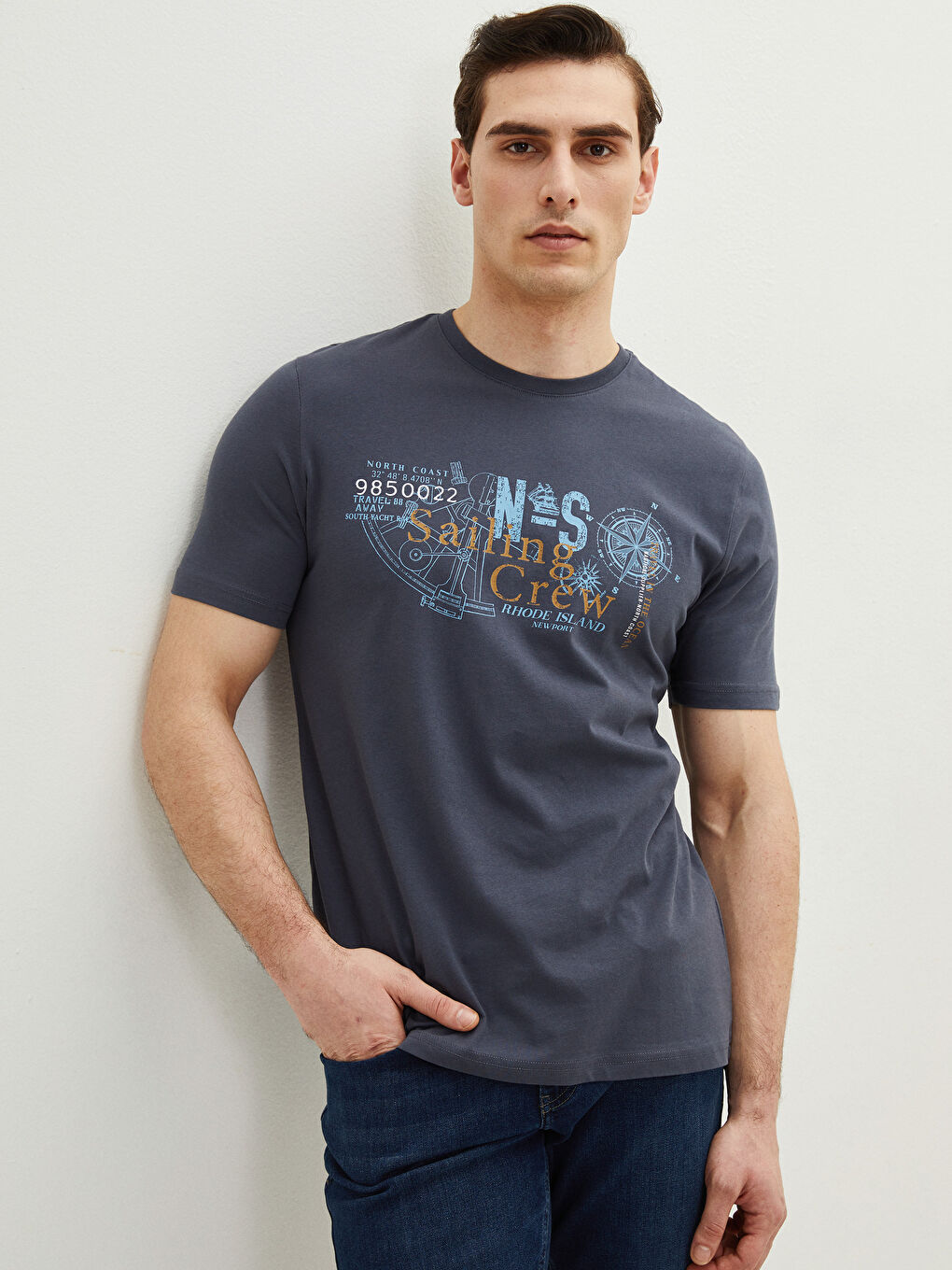 Antrasit Bisiklet Yaka Kısa Kollu Baskılı Penye Erkek Tişört