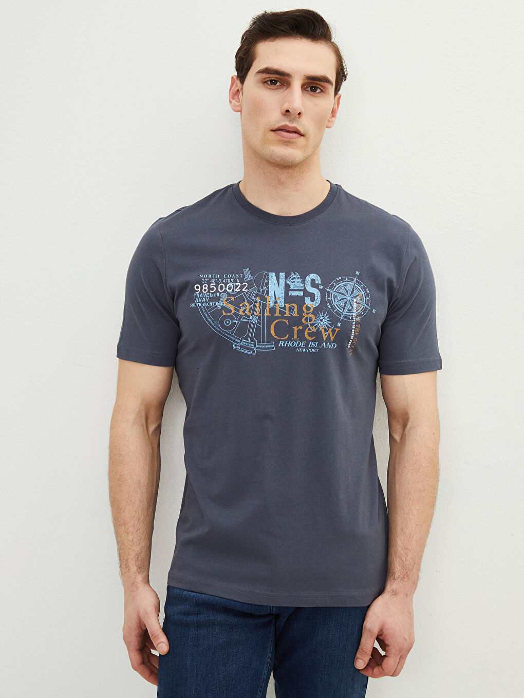 Antrasit Bisiklet Yaka Kısa Kollu Baskılı Penye Erkek Tişört-1