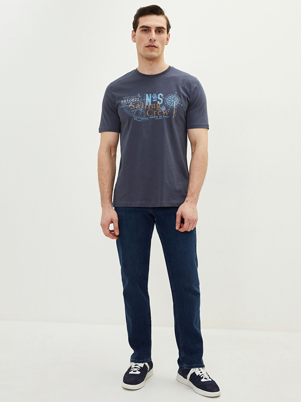 Antrasit Bisiklet Yaka Kısa Kollu Baskılı Penye Erkek Tişört-2