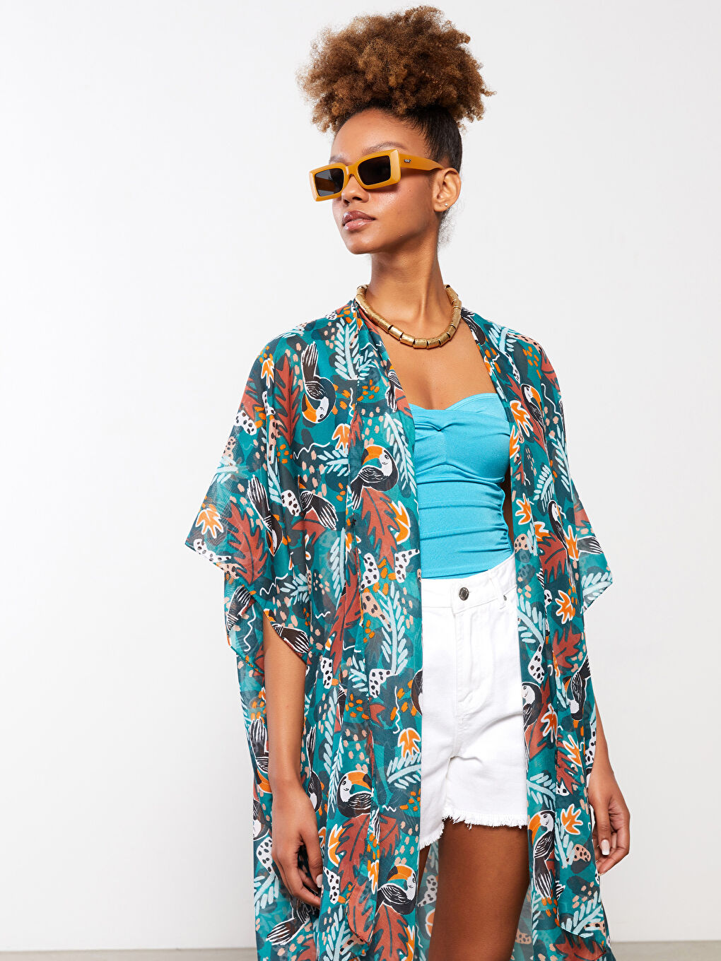 Shawl Collar Patterned Poplin Women's Kimono
