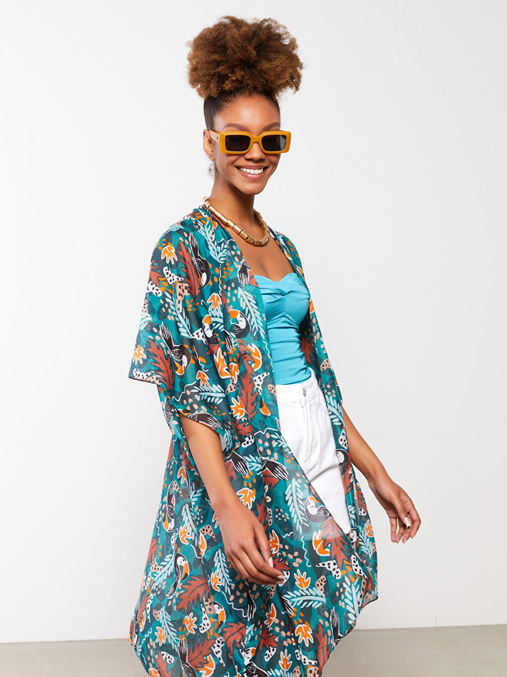 Shawl Collar Patterned Poplin Women's Kimono-1