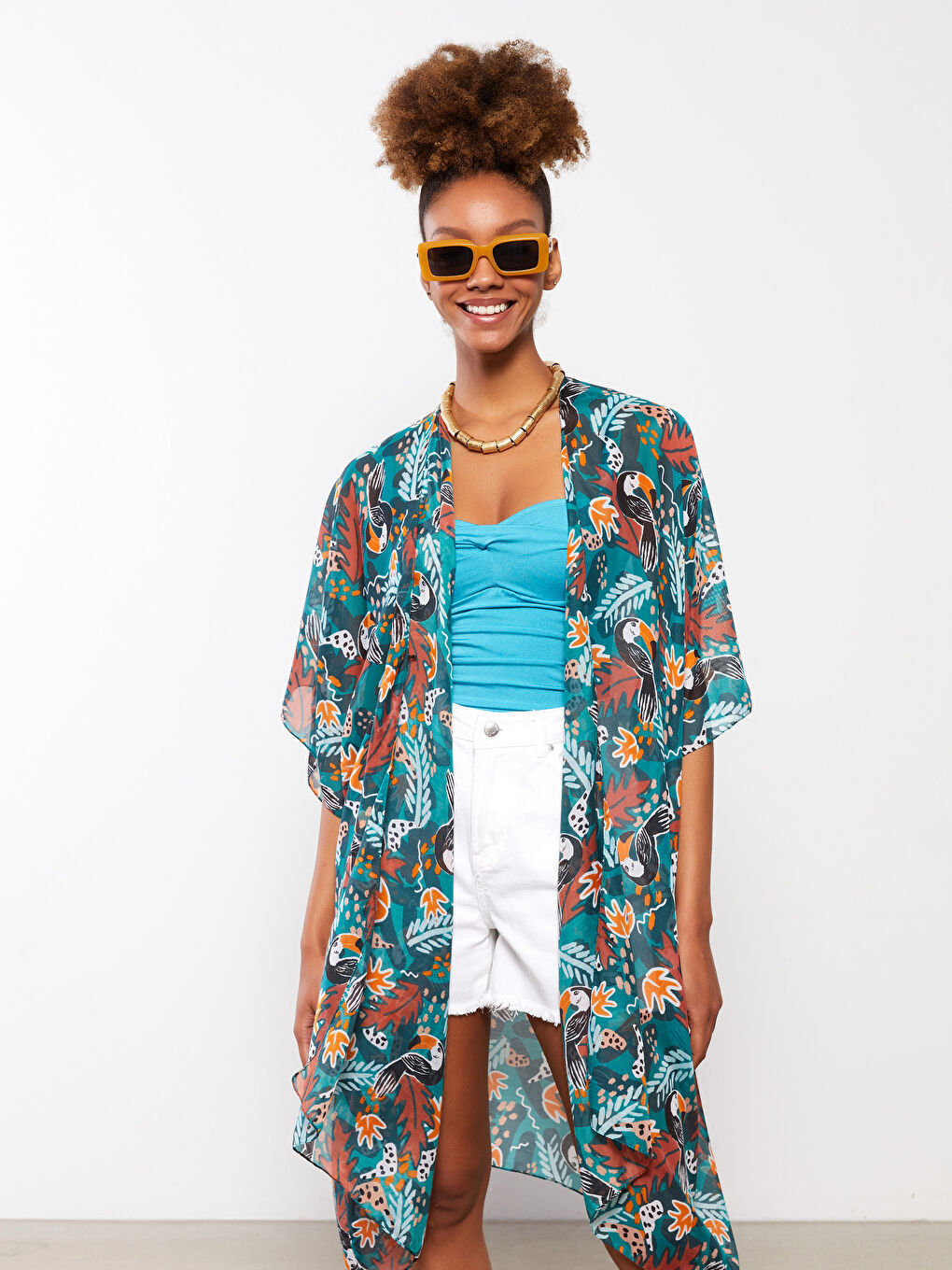 Shawl Collar Patterned Poplin Women's Kimono-2