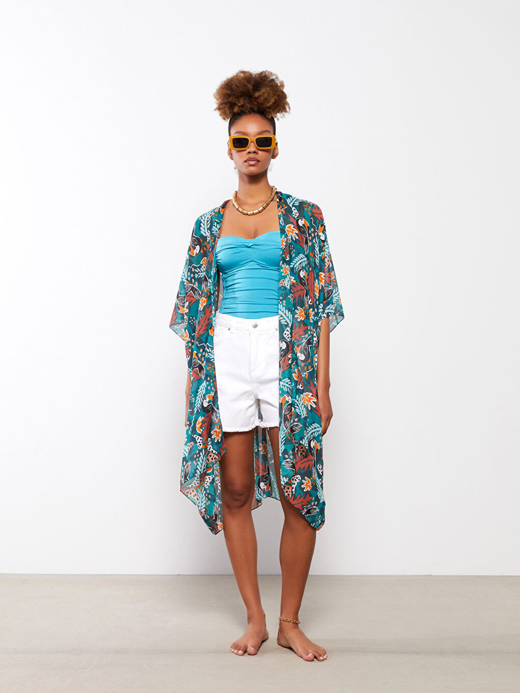 Shawl Collar Patterned Poplin Women's Kimono-3