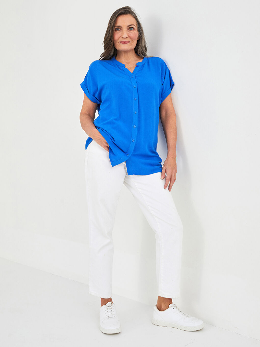 Henley Neckline Plain Short Sleeve Crinkled Women's Shirt