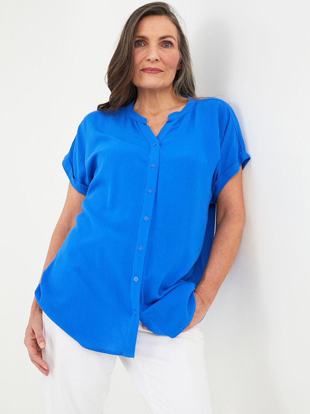 Henley Neckline Plain Short Sleeve Crinkled Women's Shirt-1