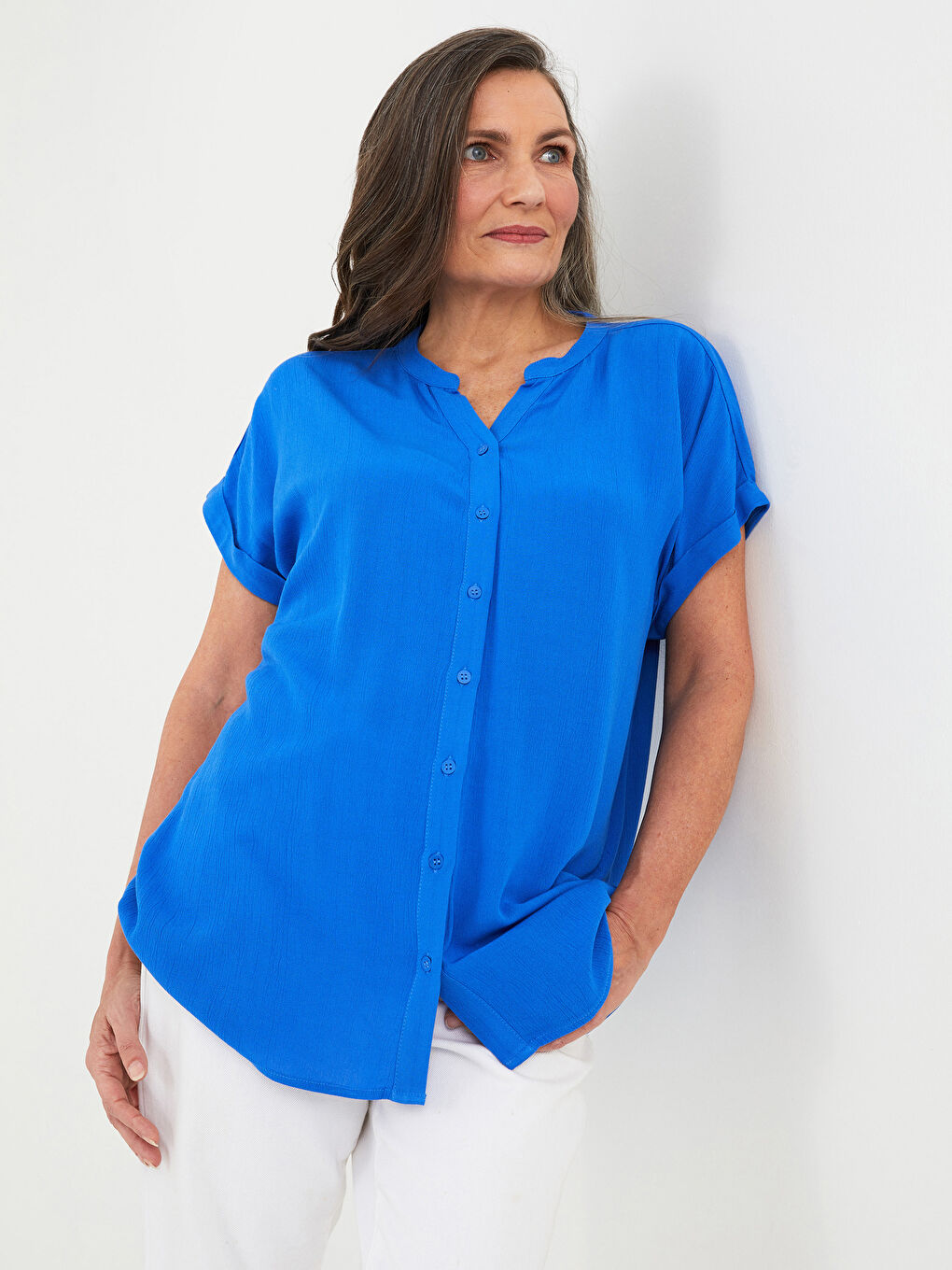 Henley Neckline Plain Short Sleeve Crinkled Women's Shirt-2