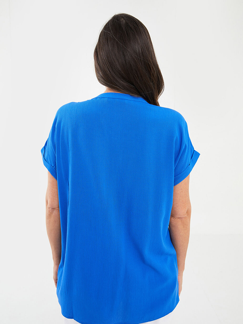 Henley Neckline Plain Short Sleeve Crinkled Women's Shirt-4