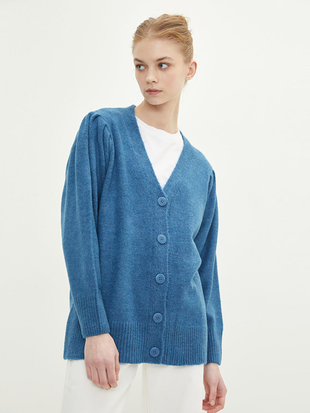 Mavi V Yaka Kadın Triko Hırka