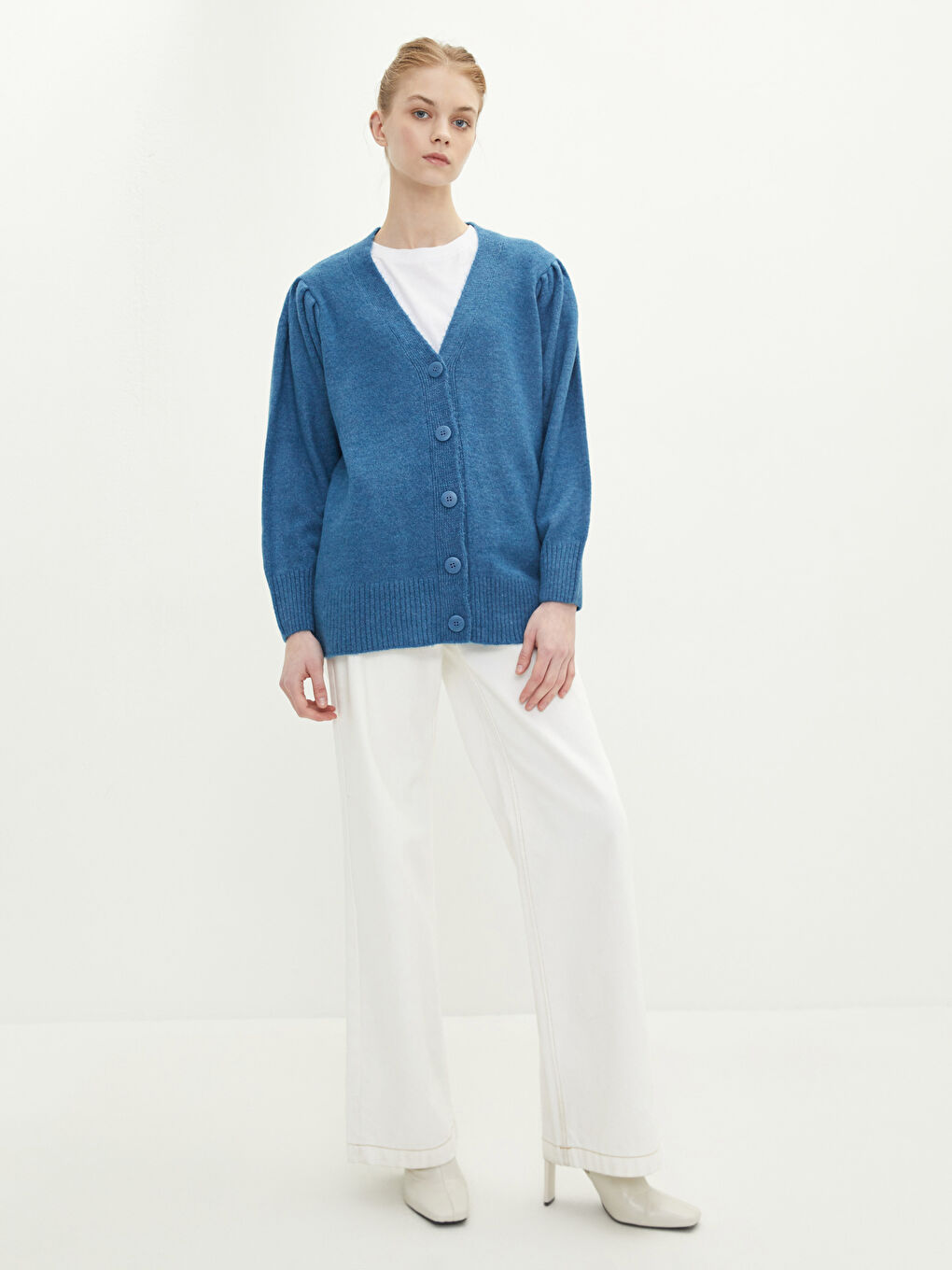 Mavi V Yaka Kadın Triko Hırka-2