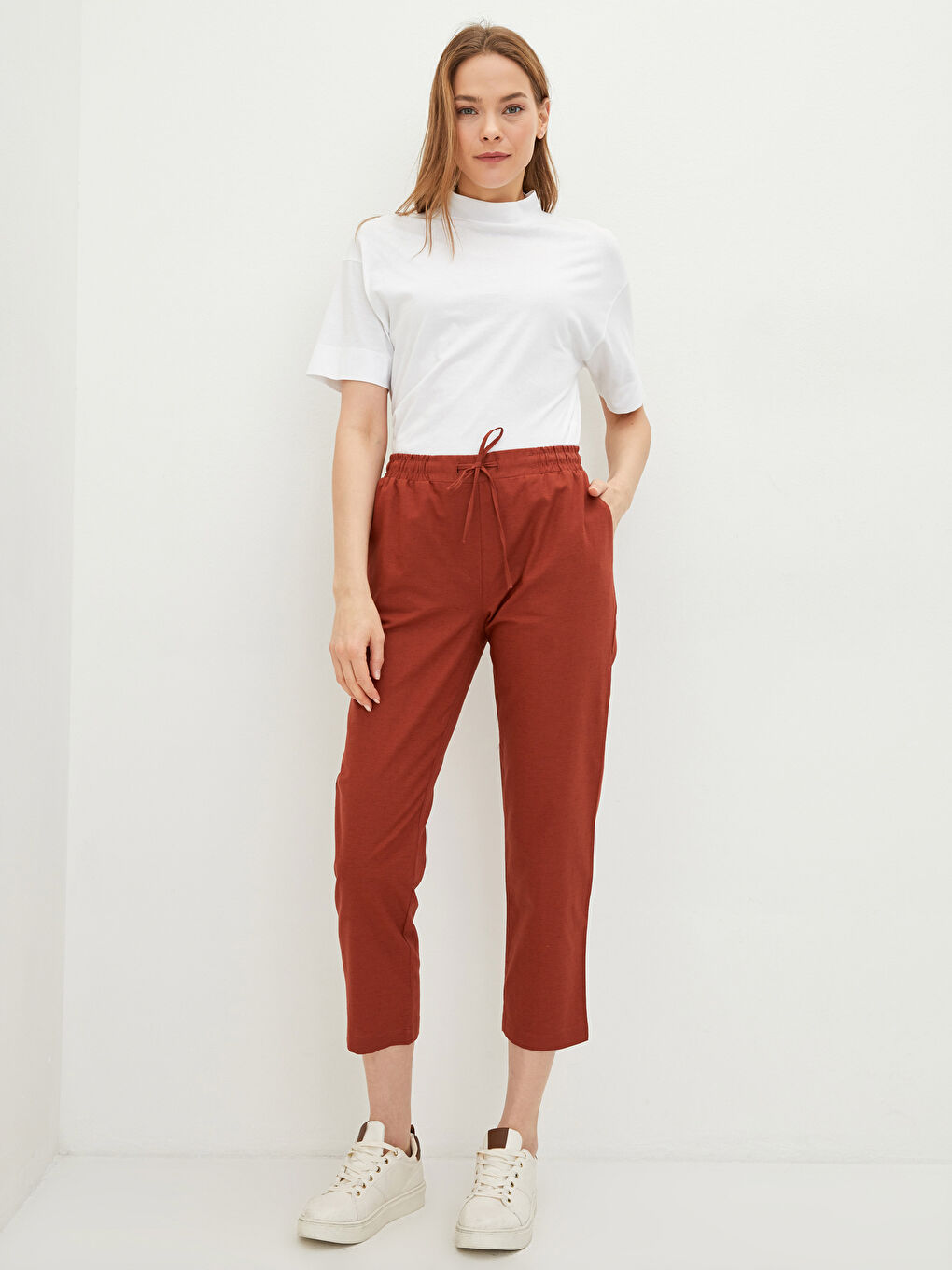 Брюки Женские Прямые С Карманами На Резинке С Высокой Посадкой Удобные