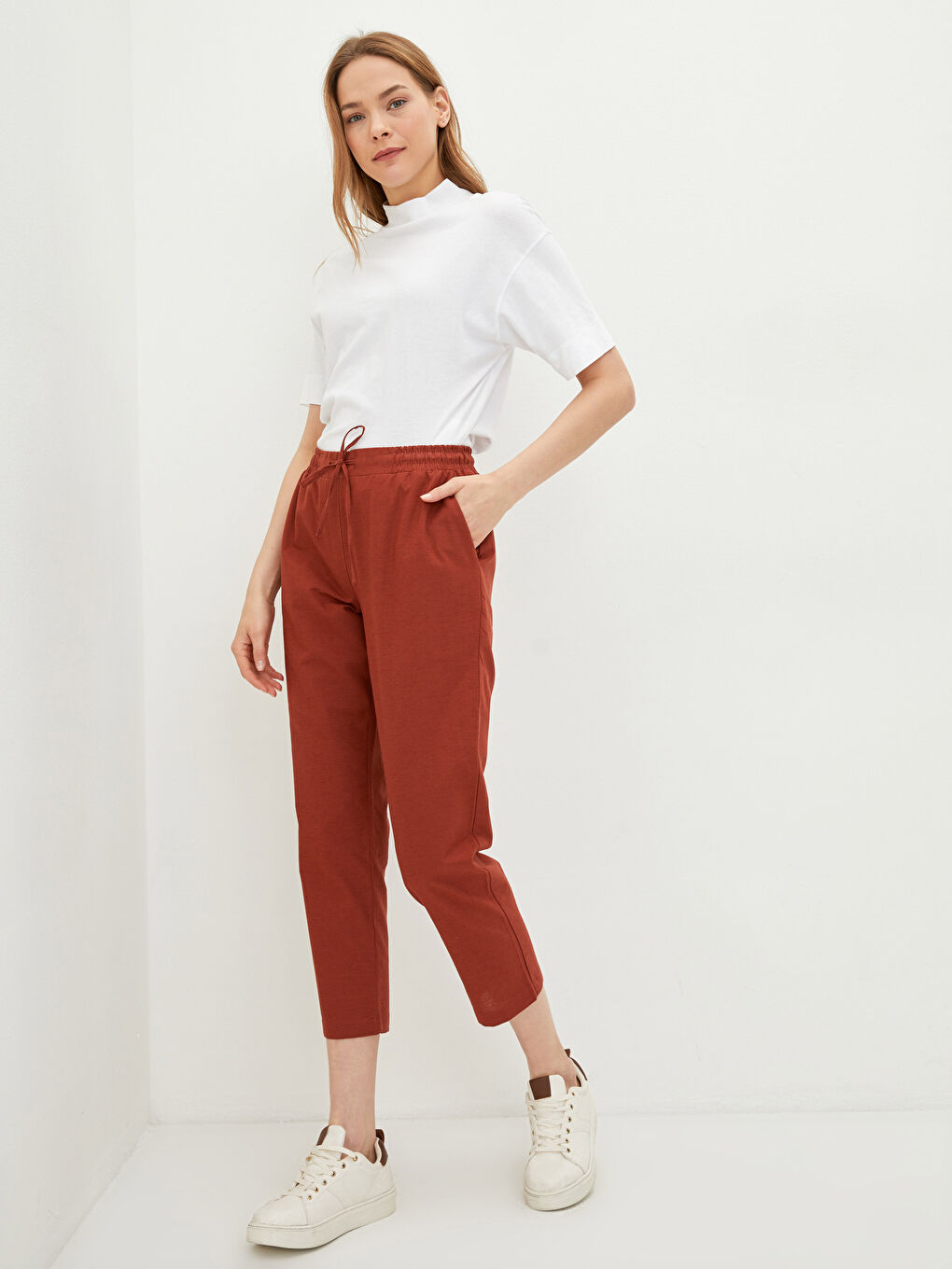 Брюки Женские Прямые С Карманами На Резинке С Высокой Посадкой Удобные-1