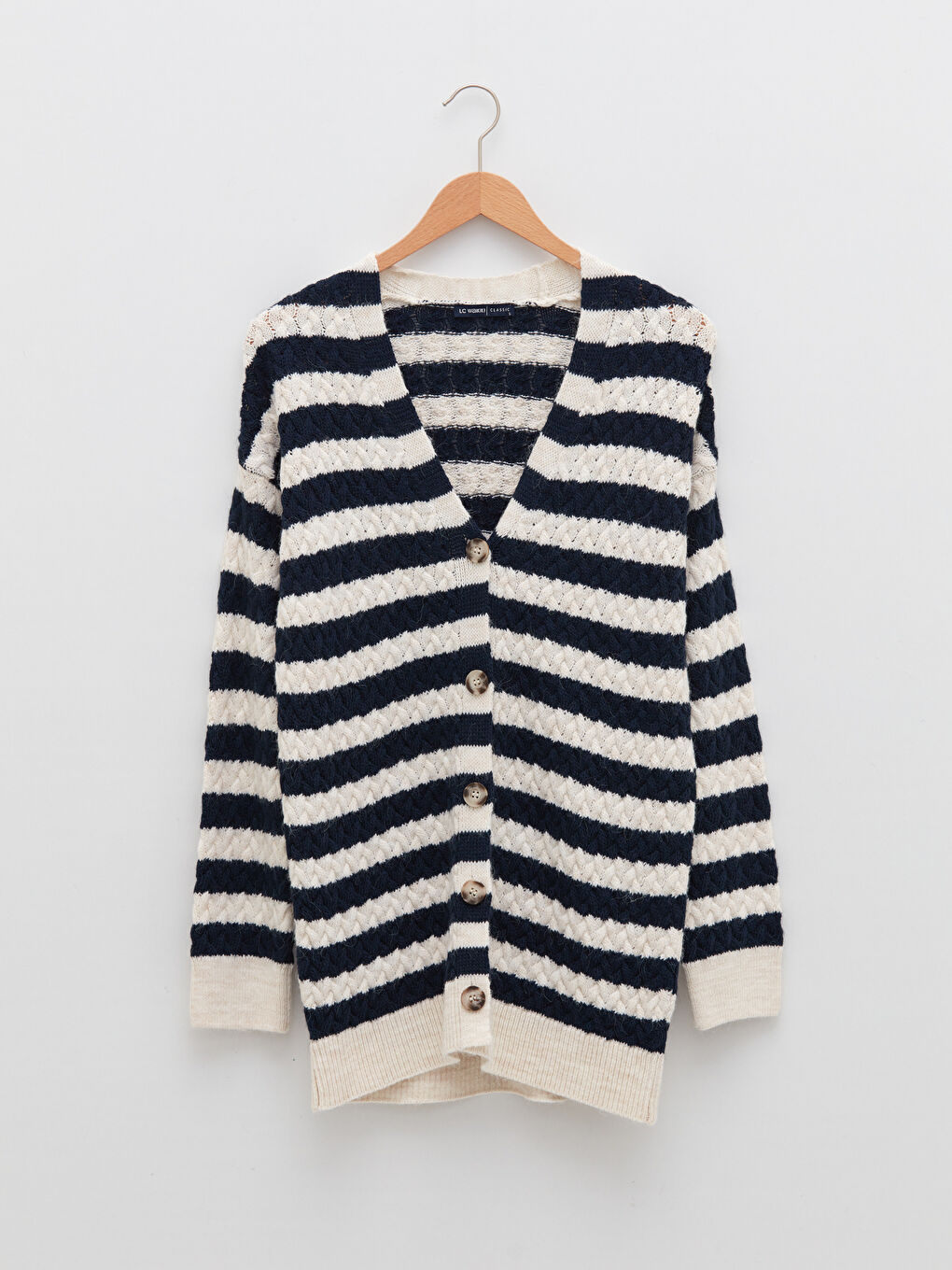 Lacivert V Yaka Çizgili Uzun Kollu Kadın Triko Hırka-5