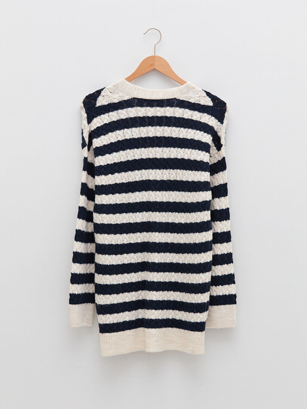 Lacivert V Yaka Çizgili Uzun Kollu Kadın Triko Hırka-6