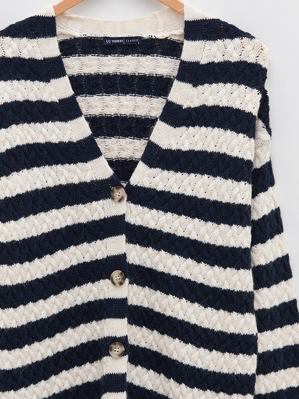 Lacivert V Yaka Çizgili Uzun Kollu Kadın Triko Hırka-7