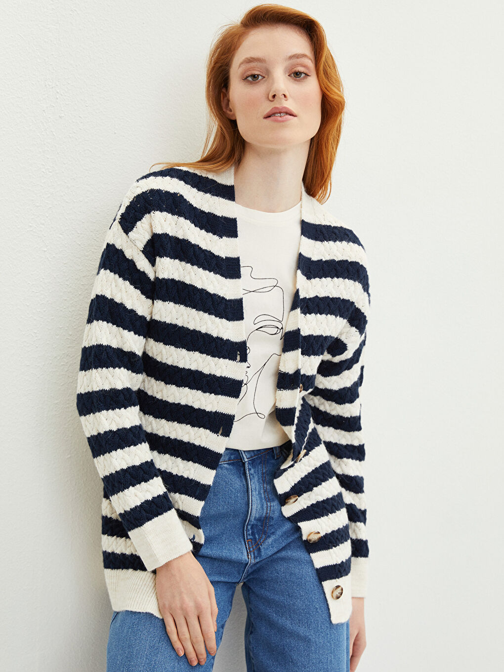 Lacivert V Yaka Çizgili Uzun Kollu Kadın Triko Hırka