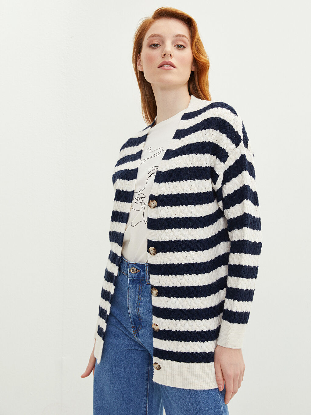 Lacivert V Yaka Çizgili Uzun Kollu Kadın Triko Hırka-1