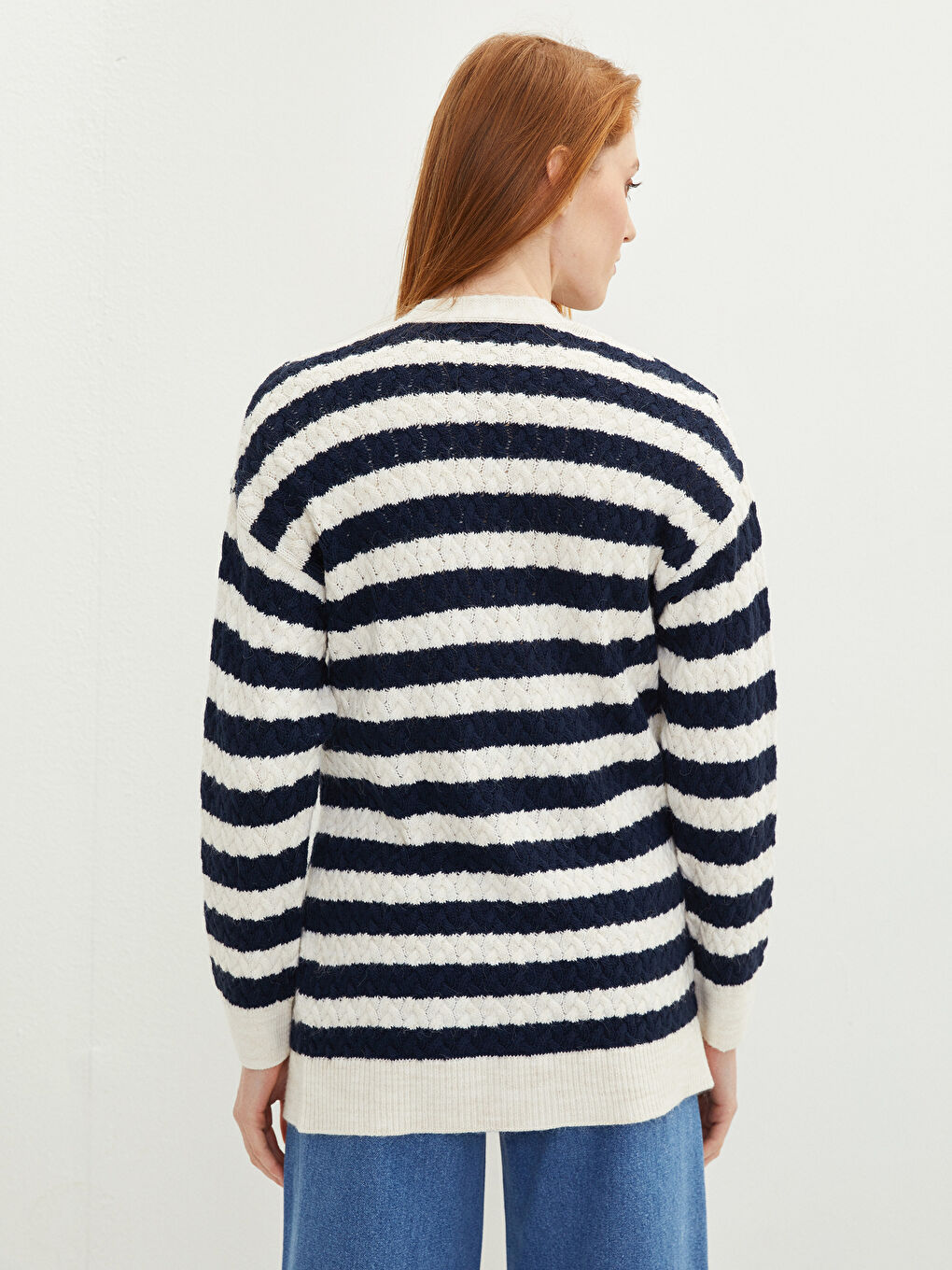 Lacivert V Yaka Çizgili Uzun Kollu Kadın Triko Hırka-4