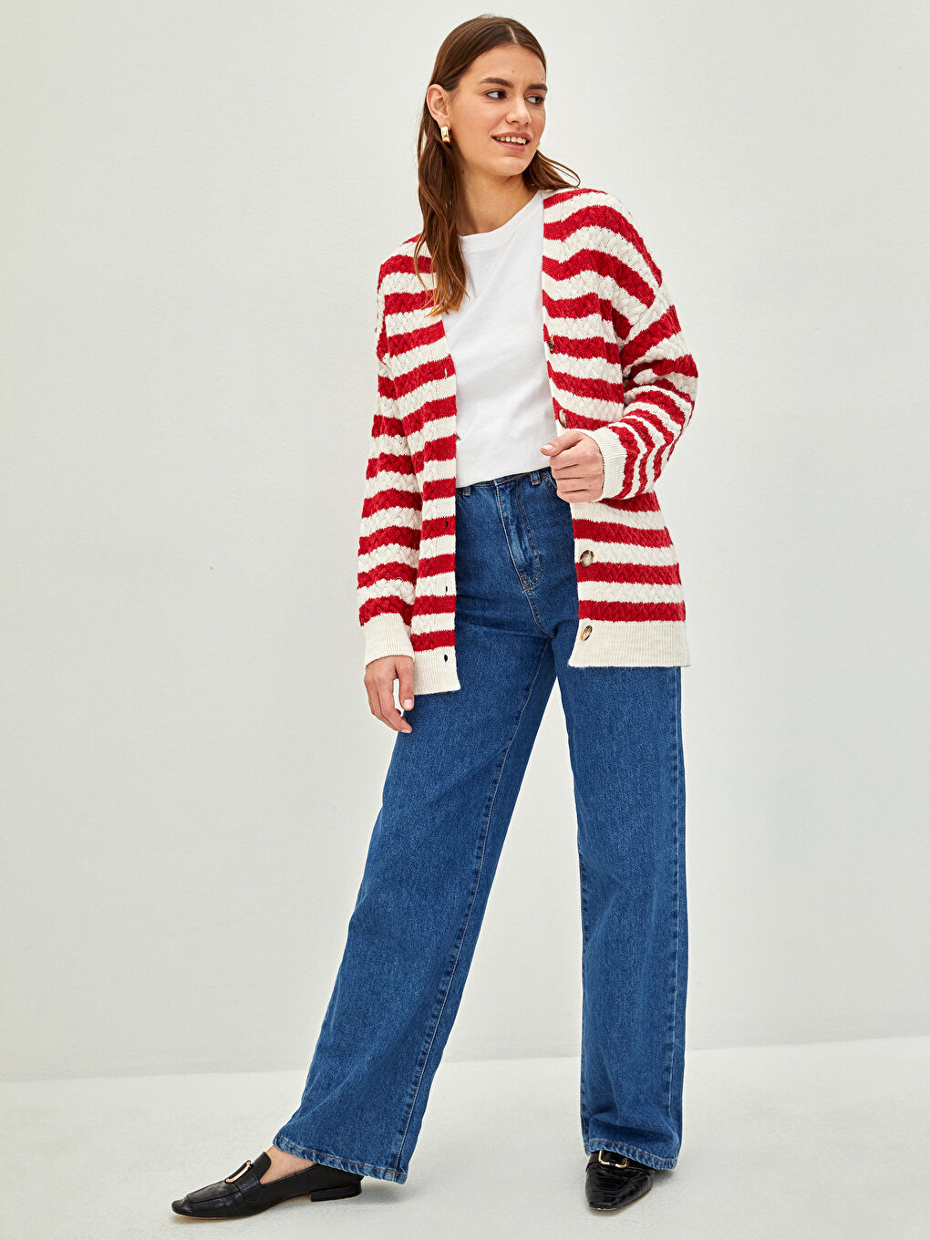 V-ს ფორმის დეკოლტე ზოლიანი გრძელმკლავიანი ქალებისთვის ტრიკოტაჟის კარდიგანი-2