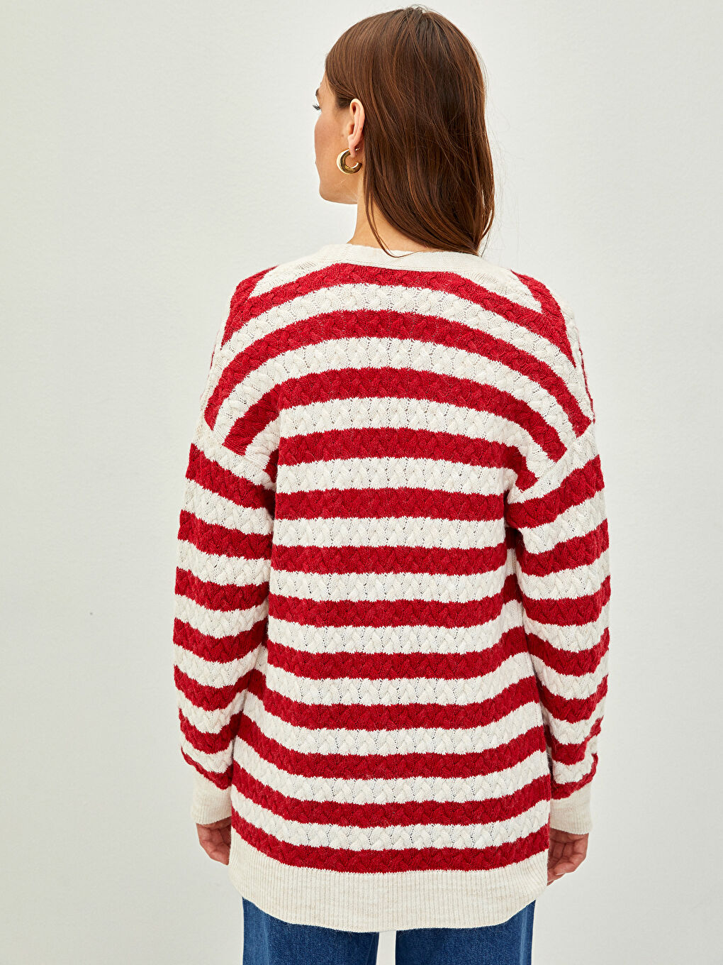 V-ს ფორმის დეკოლტე ზოლიანი გრძელმკლავიანი ქალებისთვის ტრიკოტაჟის კარდიგანი-4