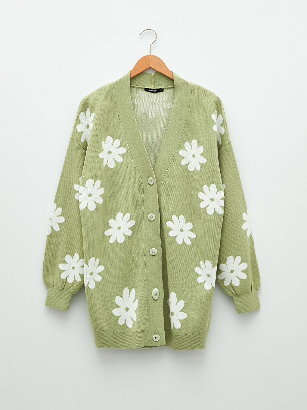 Yeşil V Yaka Çiçekli Uzun Kollu Kadın Triko Hırka-5