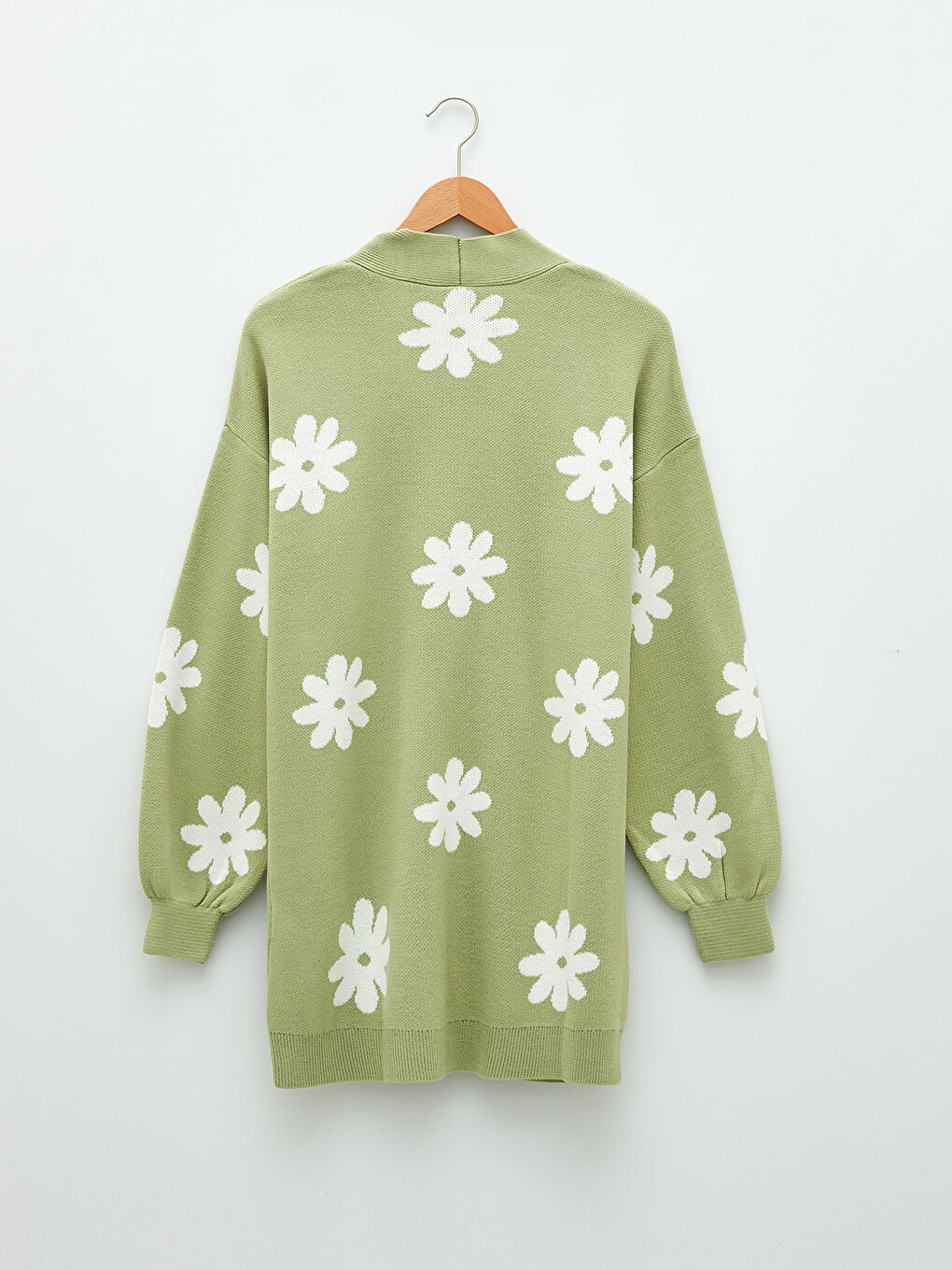 Yeşil V Yaka Çiçekli Uzun Kollu Kadın Triko Hırka-6