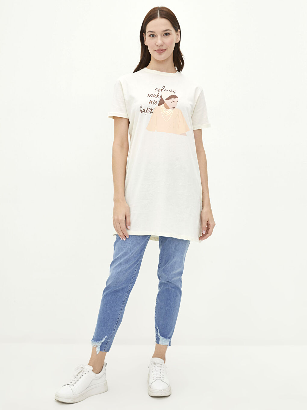 Crew Neck Printed Short Sleeve Cotton Women's Tunic