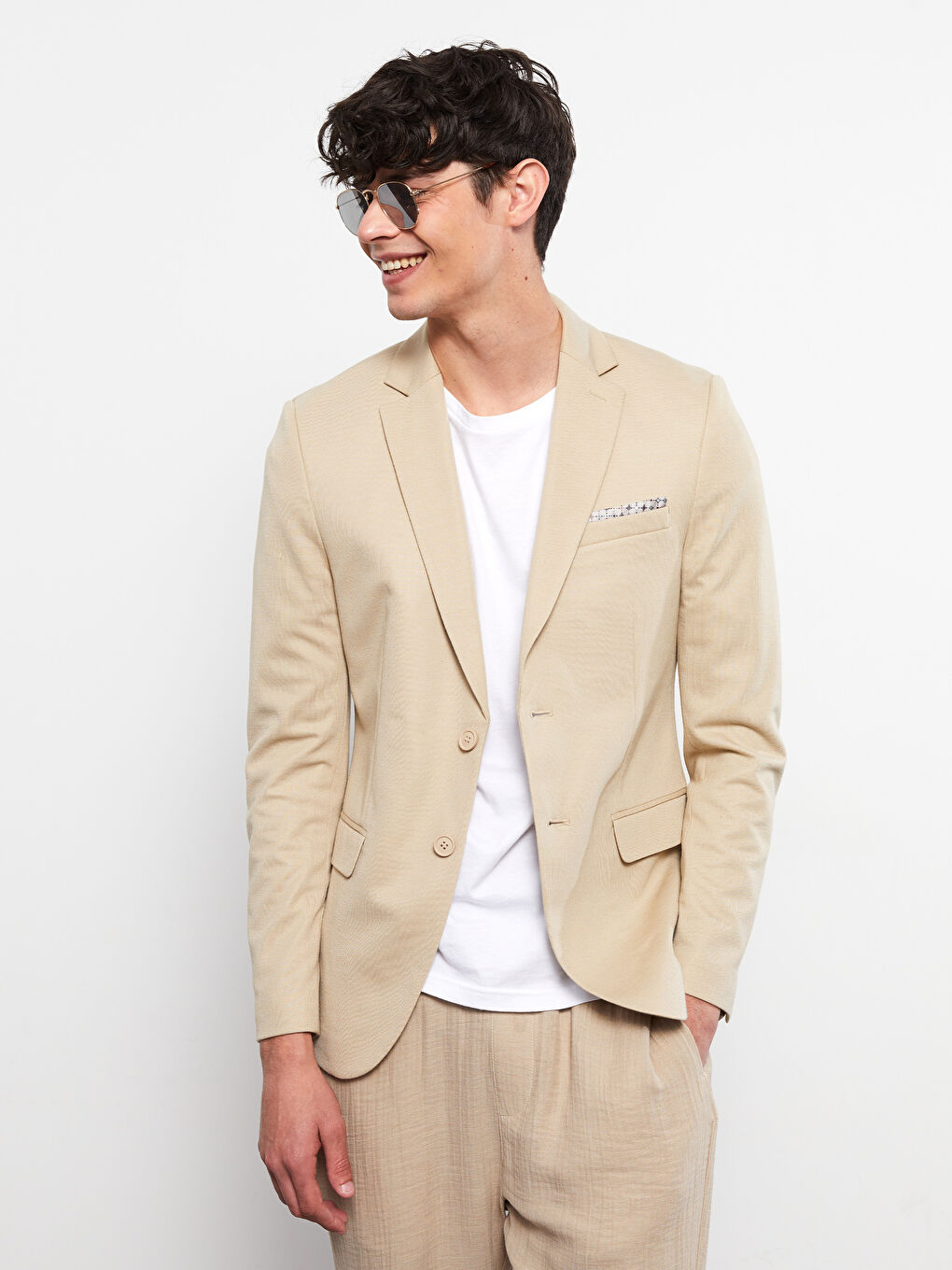 Bej Dar Kalıp Erkek Blazer Ceket-1