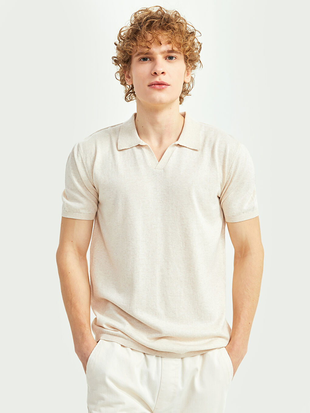 Bej Polo Yaka Kısa Kollu Erkek Triko Kazak-1