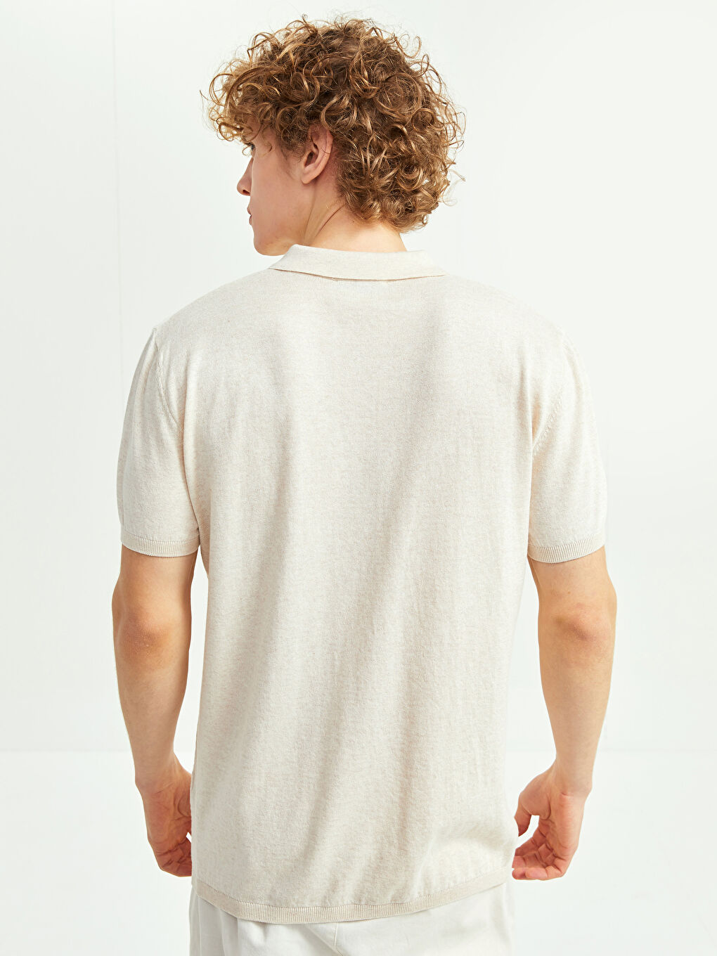 Bej Polo Yaka Kısa Kollu Erkek Triko Kazak-4