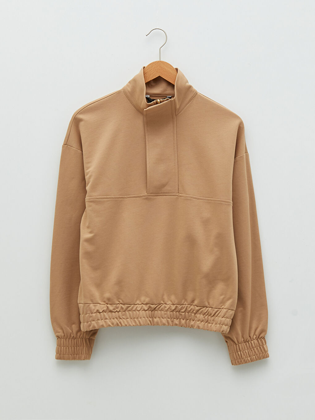 Kahverengi Dik Yaka Düz Uzun Kollu Kadın Sweatshirt-5