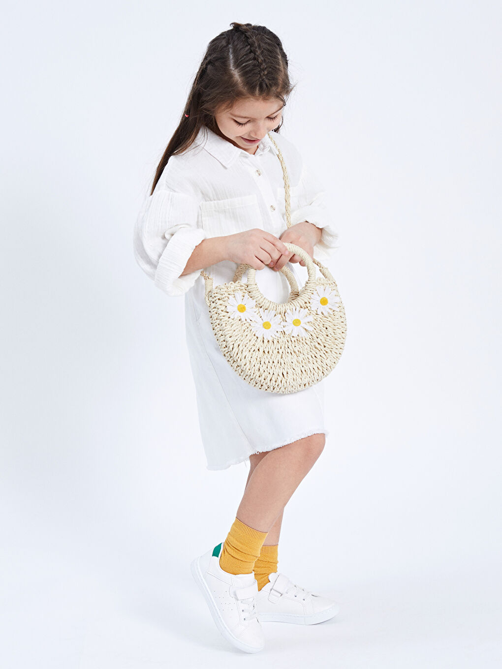 Сумка с соломенной ручкой с аппликацией ромашки для девочек-1