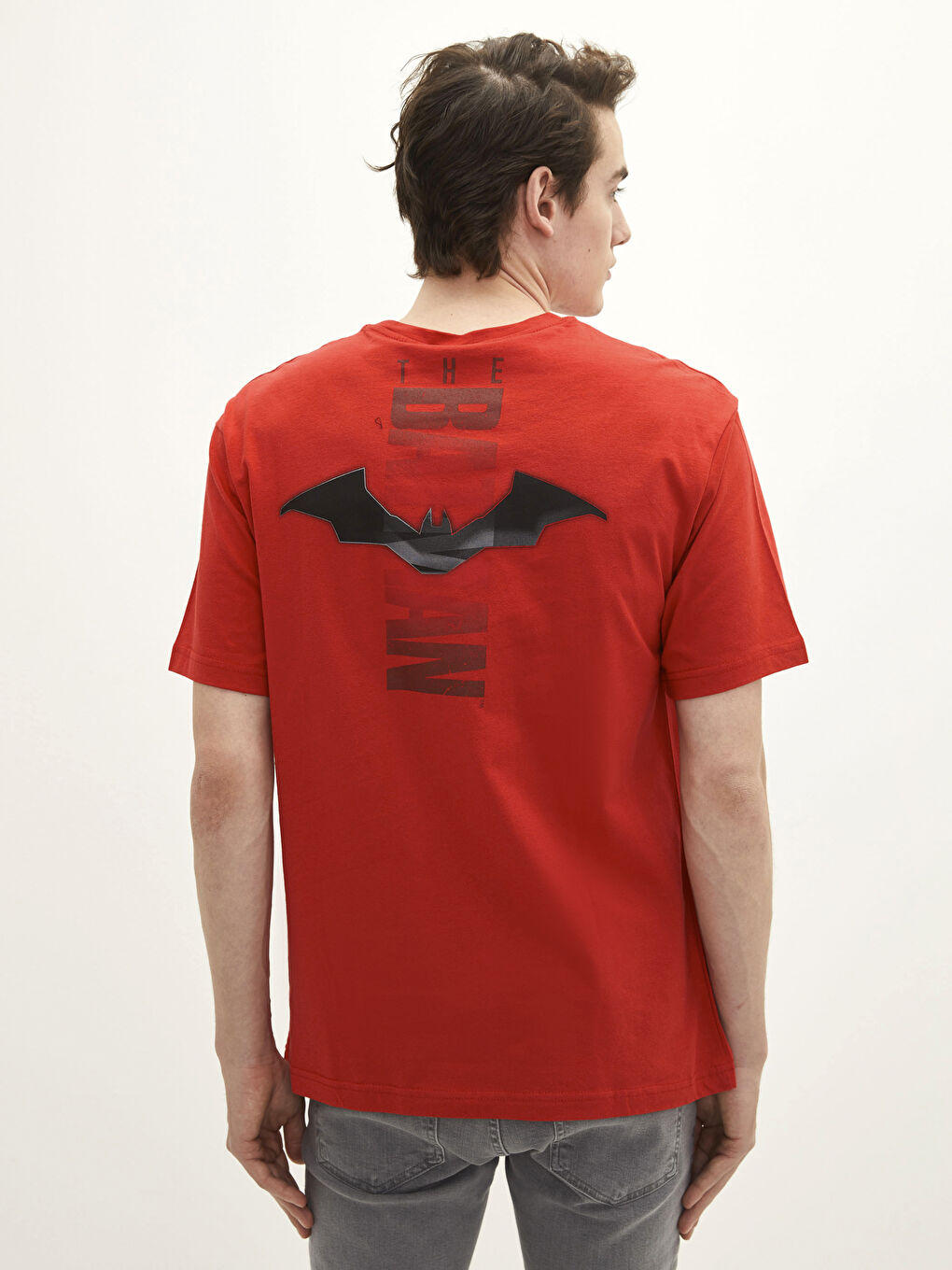 Kırmızı Bisiklet Yaka Kısa Kollu Batman Baskılı Penye Erkek Tişört-4