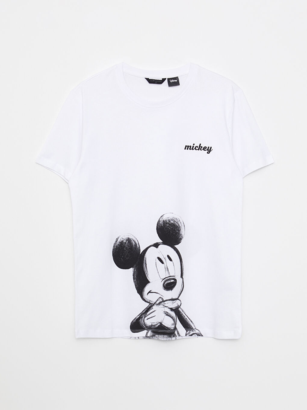 Beyaz Bisiklet Yaka Kısa Kollu Mickey Mouse Baskılı Erkek Tişört