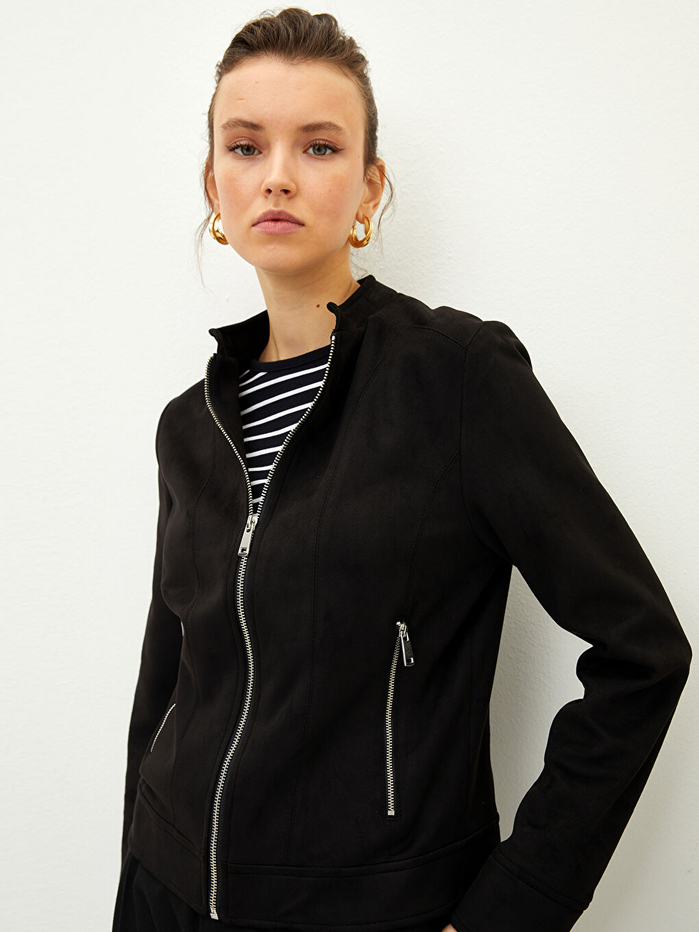 جاكيت كم طويل مستقيم بياقة قمع للسيدات