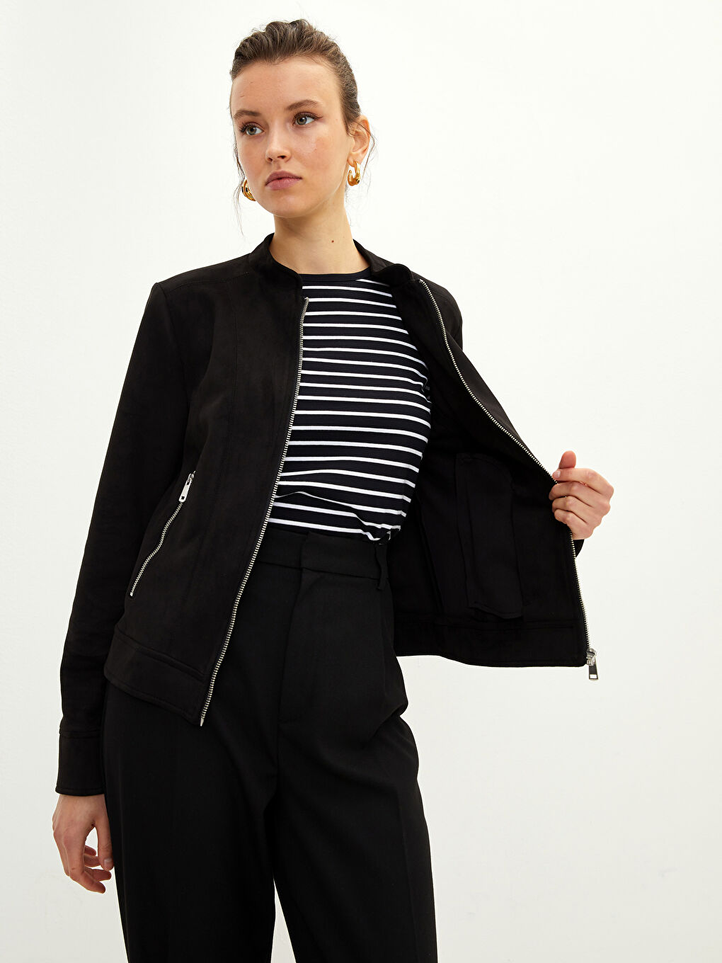 جاكيت كم طويل مستقيم بياقة قمع للسيدات-1