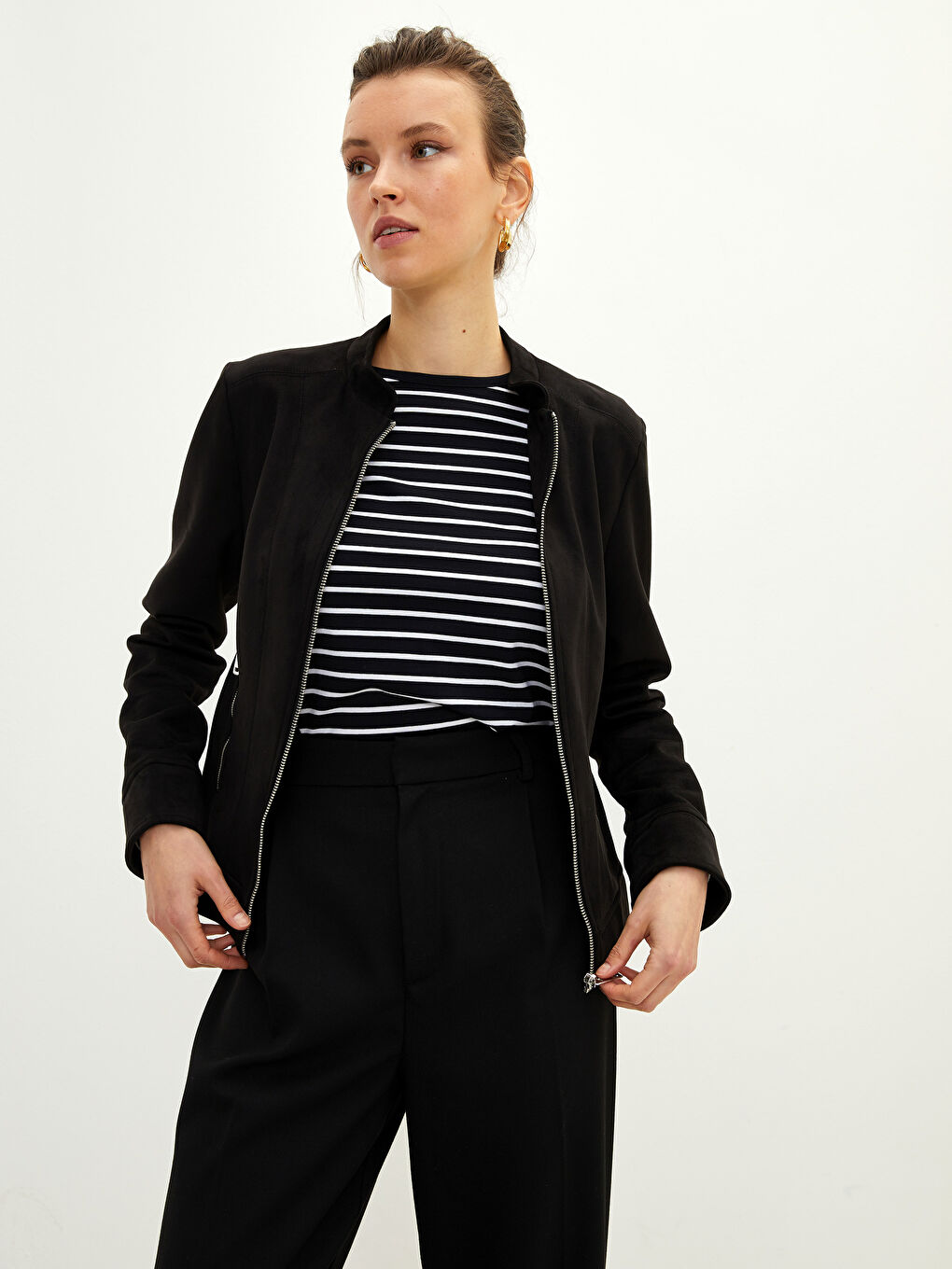 جاكيت كم طويل مستقيم بياقة قمع للسيدات-2