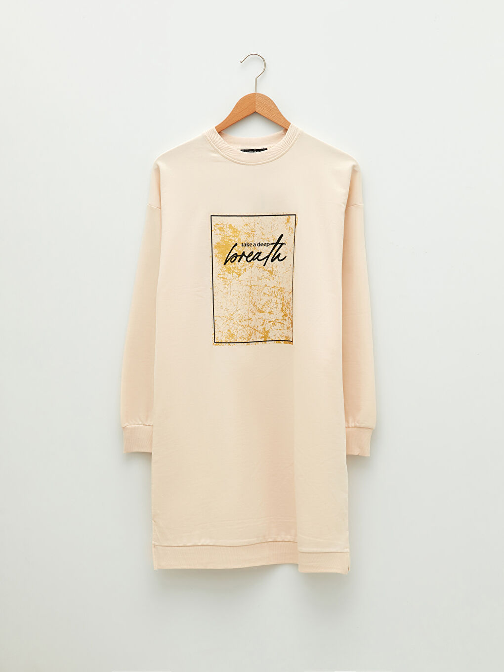 Ekru Bisiklet Yaka Baskılı Uzun Kollu Oversize Kadın Sweatshirt Tunik-6