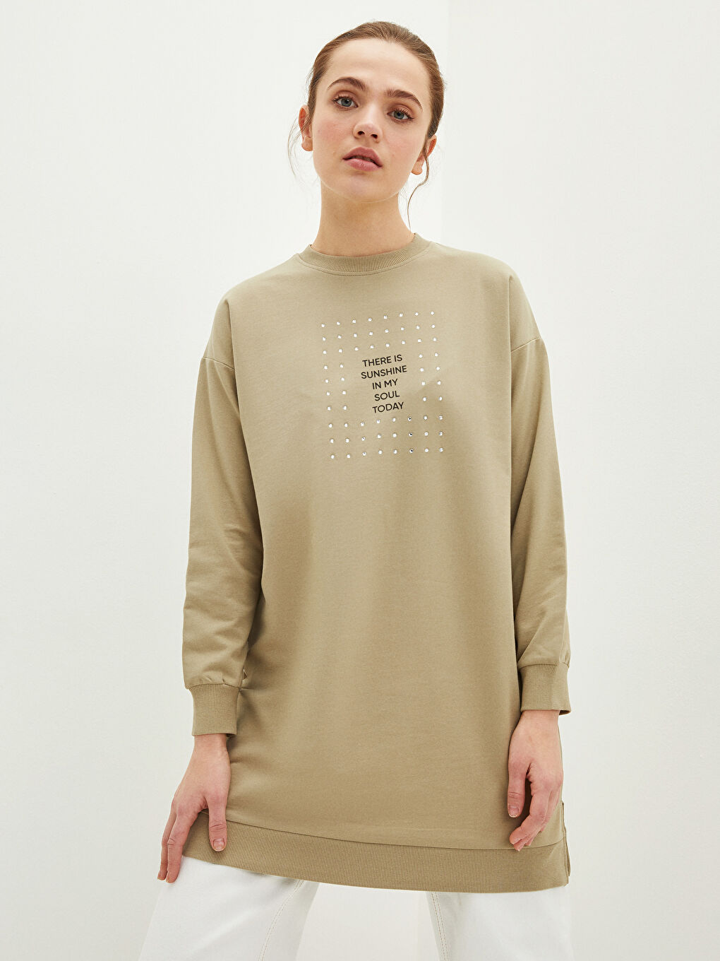 Hanorac Tunică Supradimensionată cu Mânecă Lungă și Guler Rotund Imprimat pentru Femei