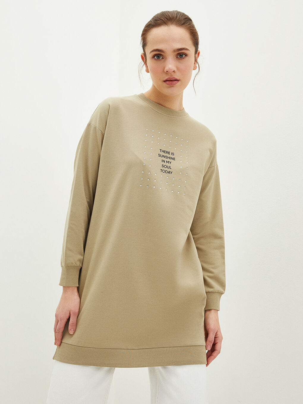 Hanorac Tunică Supradimensionată cu Mânecă Lungă și Guler Rotund Imprimat pentru Femei-1